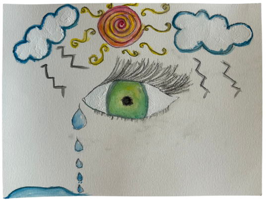 Charcoal pencil and acrylic illustration of a large green eye with long eyelashes shedding a series of blue tears. Above the eye, a swirling orange-and-pink sun is flanked by two fluffy clouds, with yellow curlicue rays extending outward. Gray zigzag lines resembling lightning surround the eye, creating a contrast between stormy and sunny elements. The image conveys strong emotions, blending sadness with hints of hope and renewal.