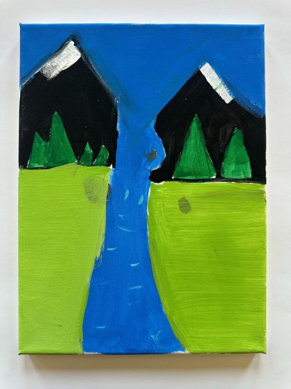 A painting depicting a simple landscape with two black mountains topped with white snow, green triangular trees, and a bright blue river flowing between green fields under a clear blue sky. The artwork uses bold, solid colors and basic shapes to create a stylized, minimalist natural scene.