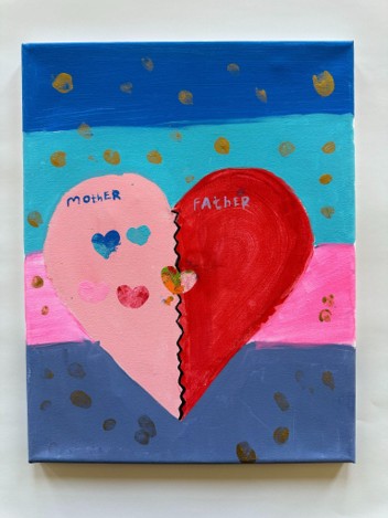 A colorful painting of a heart split into two halves labeled "Mother" on pink and "Father" on red, set against a background of horizontal blue, teal, pink, and gray stripes with scattered gold dots. The heart features small heart shapes inside each half and a jagged black line dividing the two sides, symbolizing separation or contrast between mother and father.