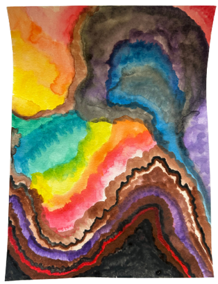 Abstract watercolor painting featuring layered, wavy bands of vibrant colors including yellow, orange, green, blue, purple, brown, and black. The composition creates a sense of depth and movement with smooth transitions and bold contrasts between warm and cool tones.