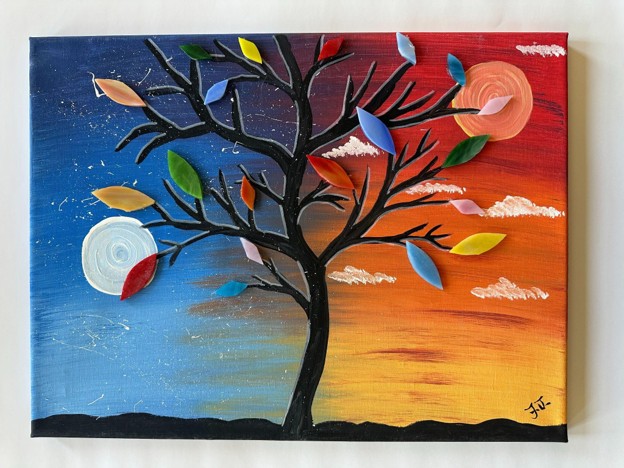 Painting of a stylized tree with black branches and colorful leaves set against a gradient background transitioning from blue on left to orange on right. Two circular shapes resembling sun and moon appear on opposite sides, with small white clouds scattered, creating a contrast between day and night themes.