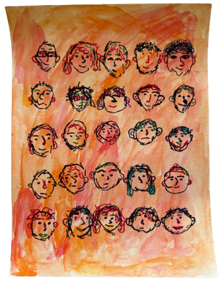 Childlike painting featuring rows of hand-drawn faces outlined in black marker against a warm orange and pink watercolor background. About two dozen faces are arranged in a grid-like pattern, each with unique expressions, hairstyles, and colorful details. The simple portraits vary in age and appearance, creating a lively and diverse group portrait with a playful, cheerful feel.