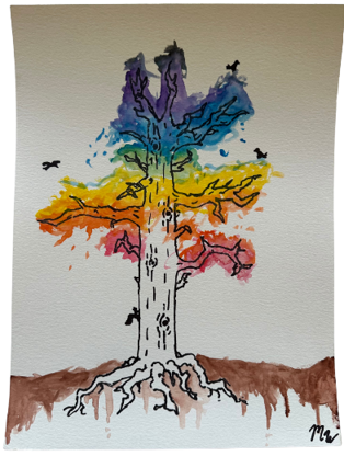 Watercolor painting of a tree with black ink outlines, featuring multicolored branches in shades of purple, blue, green, yellow, orange, and red, symbolizing diversity or change. Black birds are scattered around branches, and roots extend into brown soil at the bottom, adding depth and grounding to the composition.