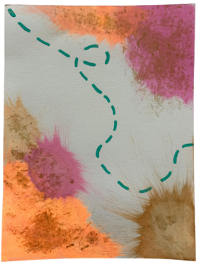 Abstract painting featuring large, textured splashes of orange, pink, and brown colors on a light gray background. A bold, teal dashed line curves diagonally across the composition, adding dynamic movement and contrast.