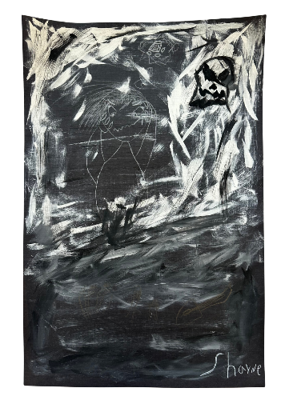 A black and white abstract painting featuring rough brush strokes and faint line drawings, including a figure with a skull-like head on the right and a smaller figure in the center. The painting uses high contrast between dark background and white highlights.